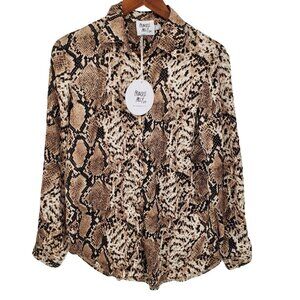 NWT Princess Poly Womens Snakeskin Button Up Long Sleeve Blouse Sz 4 Black Brown